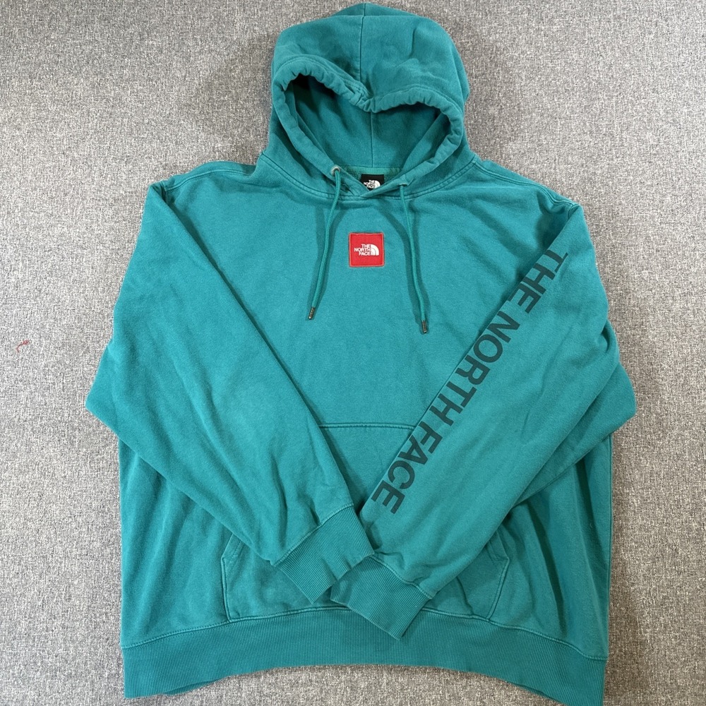 The North Face Box Logo Hoodie Mens XL Green Pullover Sweatshirt Graphic